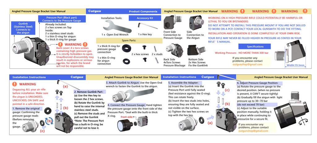 【Outgun】Side-mount Adapter Angled Pressure Gauge Bracket for FX BRK SKOUT AirForce airguns